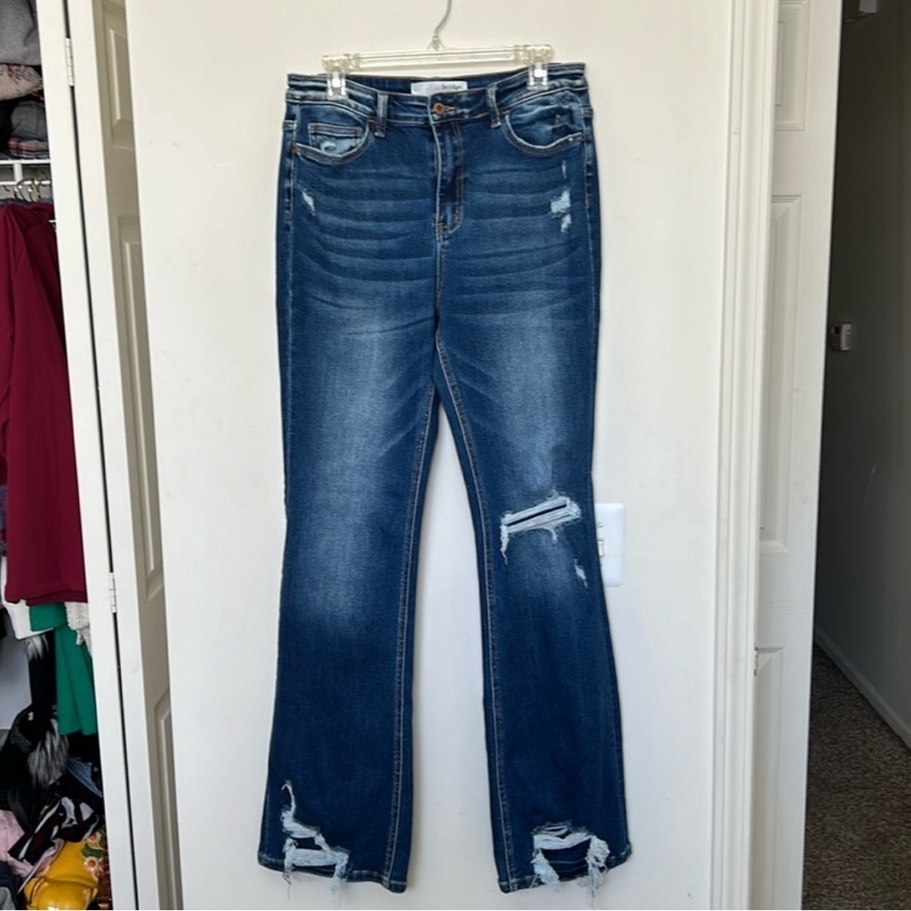 Bridge by Gly Buckle medium wash distressed bootcut flare jeans size 12 long